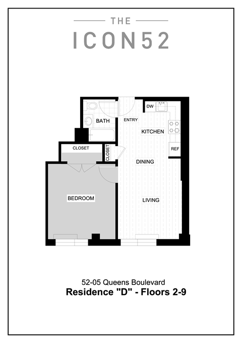 Floor plan for 1 bed, 1 bath, 653 sqft